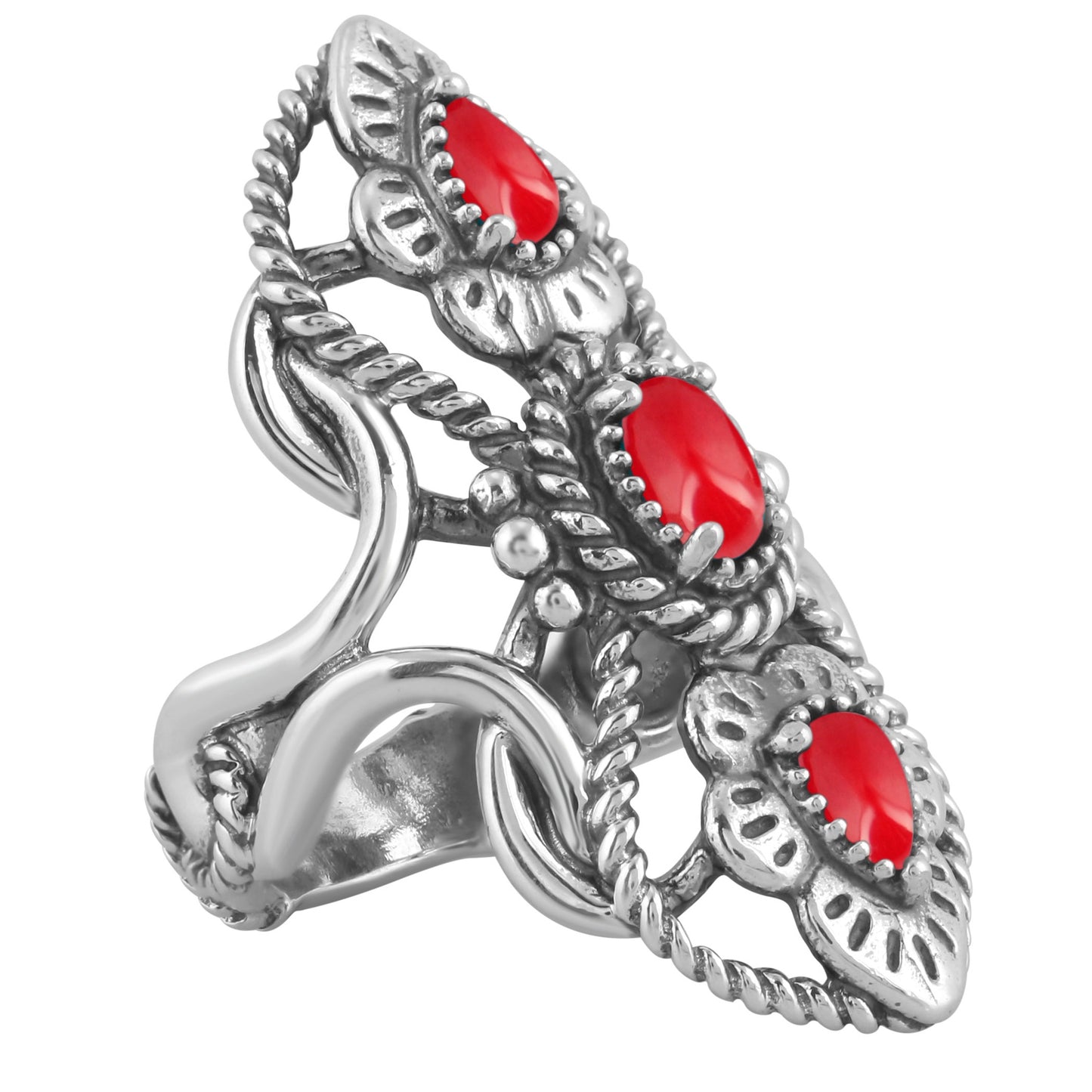 Sterling Silver Red Coral Elongated Ring Size 5-10