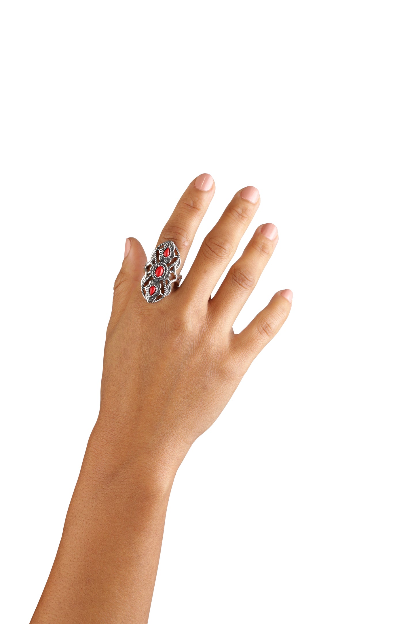 Sterling Silver Red Coral Elongated Ring Size 5-10