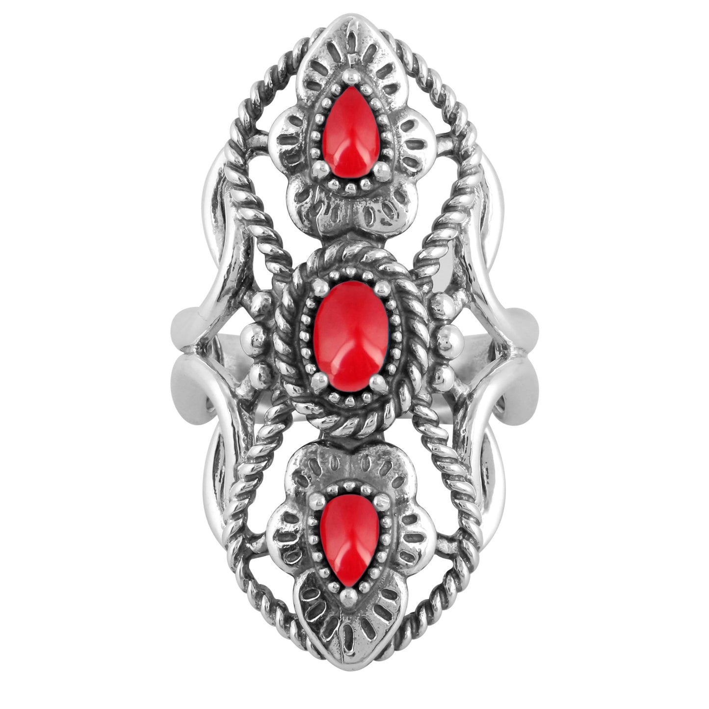 Sterling Silver Red Coral Elongated Ring Size 5-10