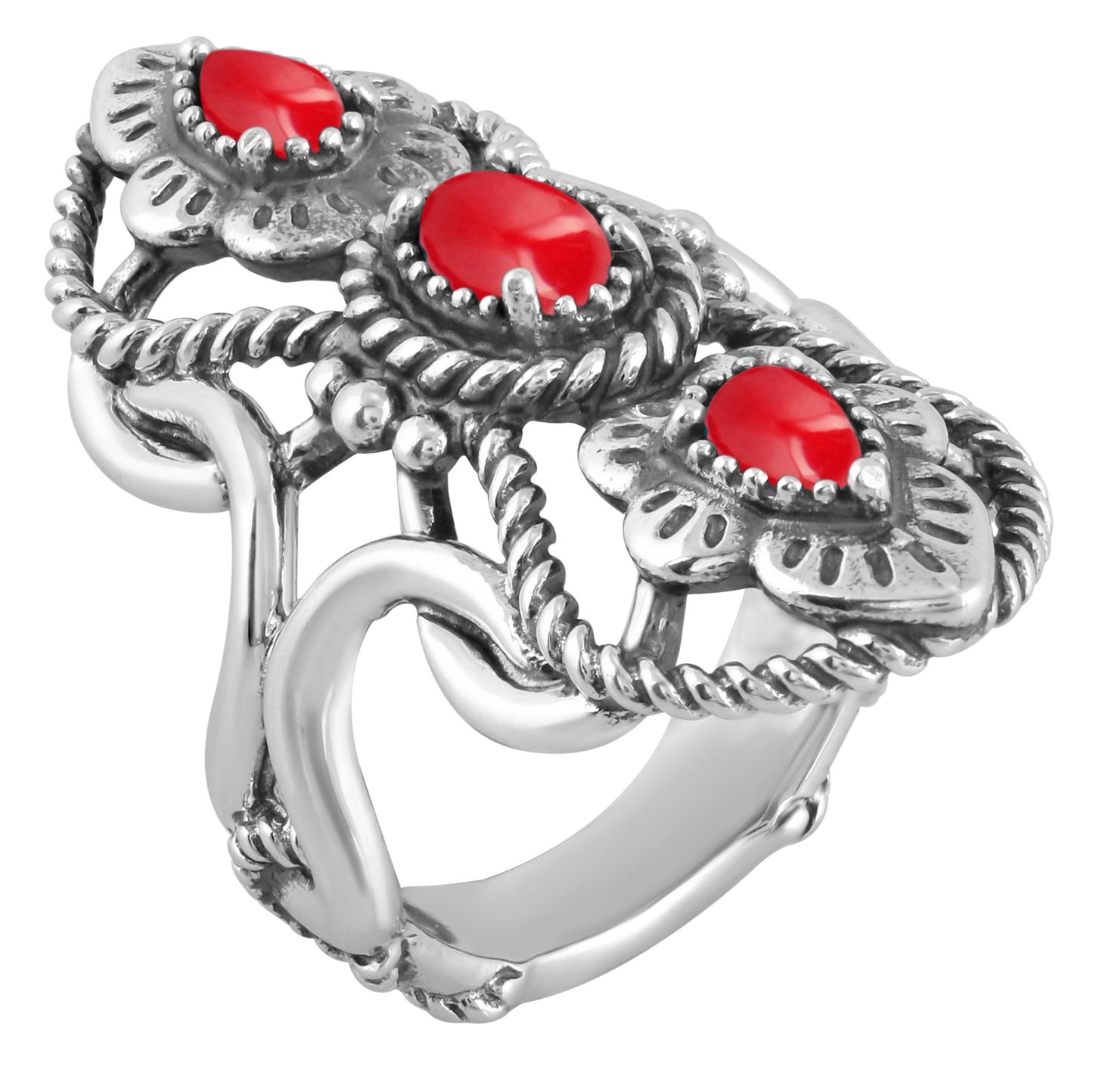 Sterling Silver Red Coral Elongated Ring Size 5-10