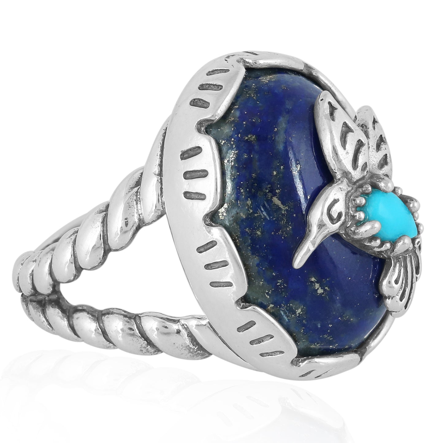 Sterling Silver Blue Turquoise and Lapis Gemstone Hummingbird Ring, Size 5 to 10