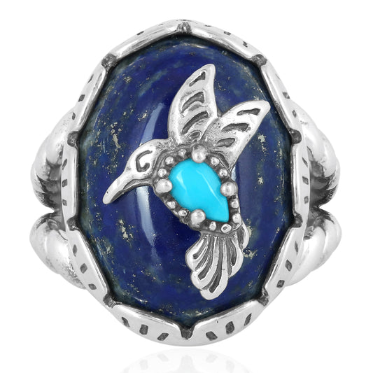 Sterling Silver Women's Ring Blue Turquoise and Lapis Gemstone Hummingbird Design Size 5 to 10