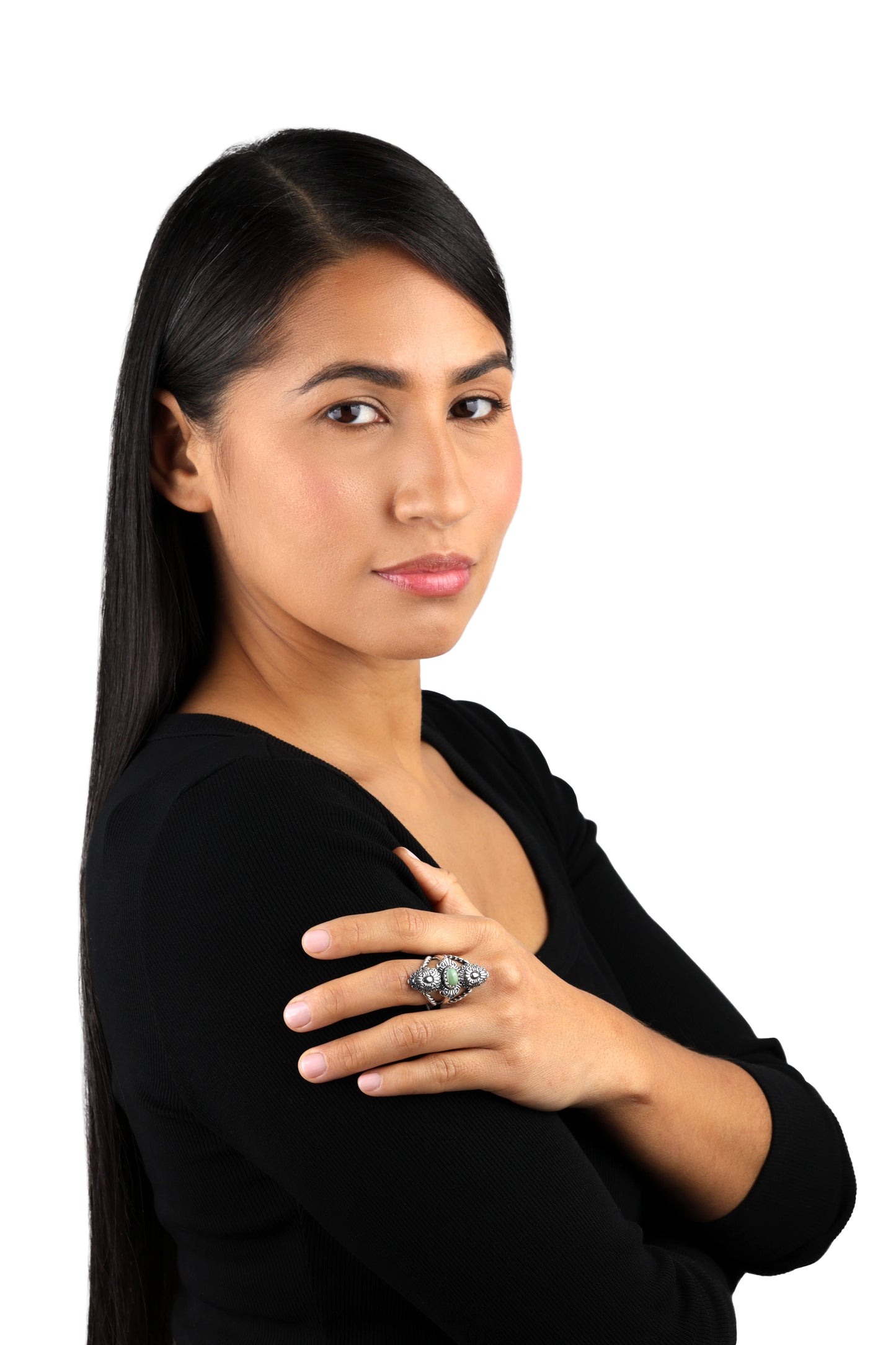 Sterling Silver Green Turquoise Concha Rope Ring, Sizes 5 to 10