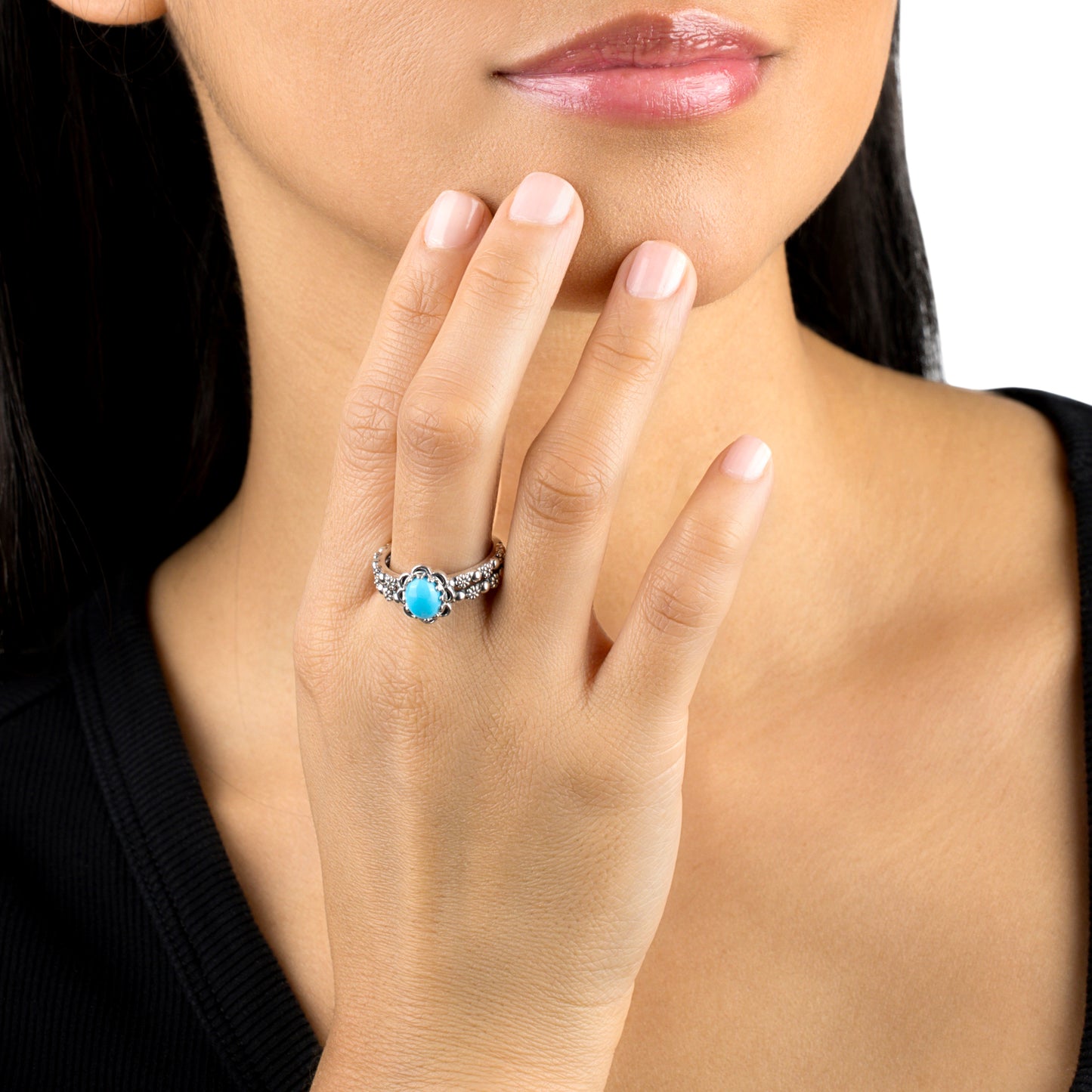 EXCLUSIVELY OURS! Sterling Silver Sleeping Beauty Turquoise Double Row Concha Flower Ring, Sizes 5 to 10