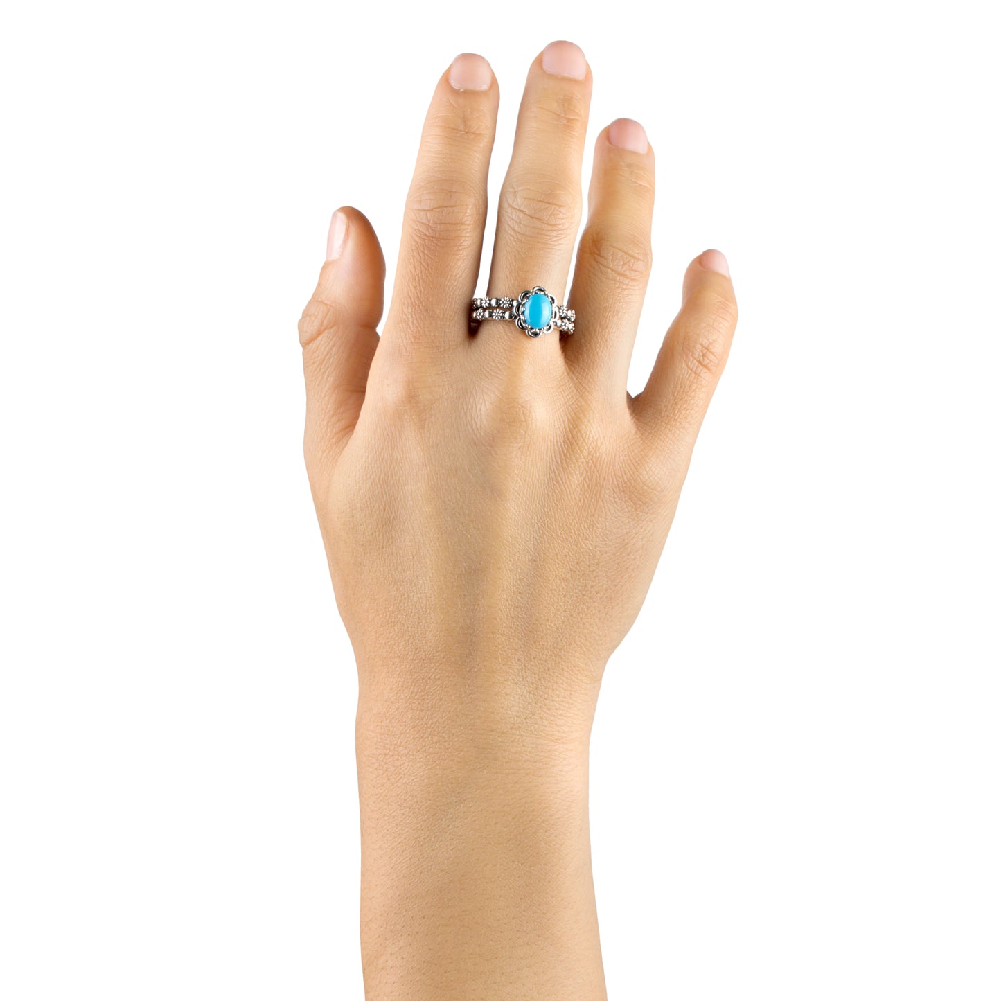 EXCLUSIVELY OURS! Sterling Silver Sleeping Beauty Turquoise Double Row Concha Flower Ring, Sizes 5 to 10