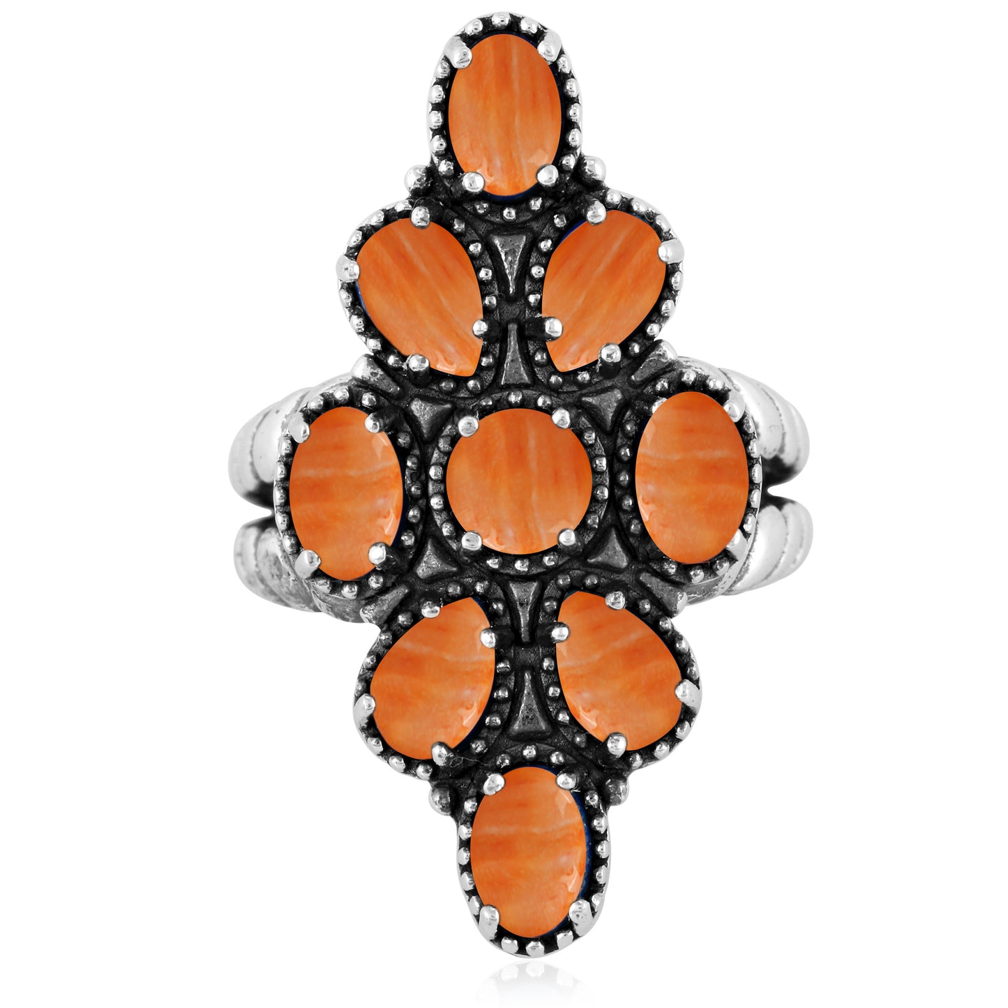 Southwestern Orange Wildflower Cluster Ring- Featuring an Array of Orange Spiny Oyster Gemstones and Sterling Silver Rope Band, Sizes 6 - 11