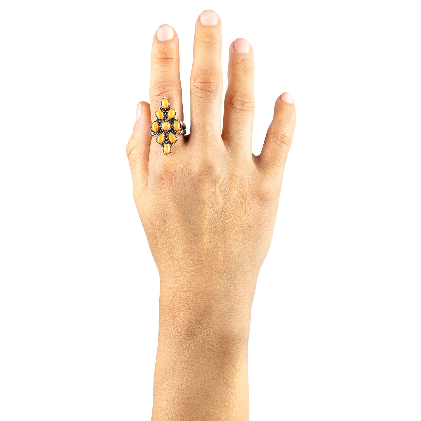 Southwestern Orange Wildflower Cluster Ring- Featuring an Array of Orange Spiny Oyster Gemstones and Sterling Silver Rope Band, Sizes 6 - 11