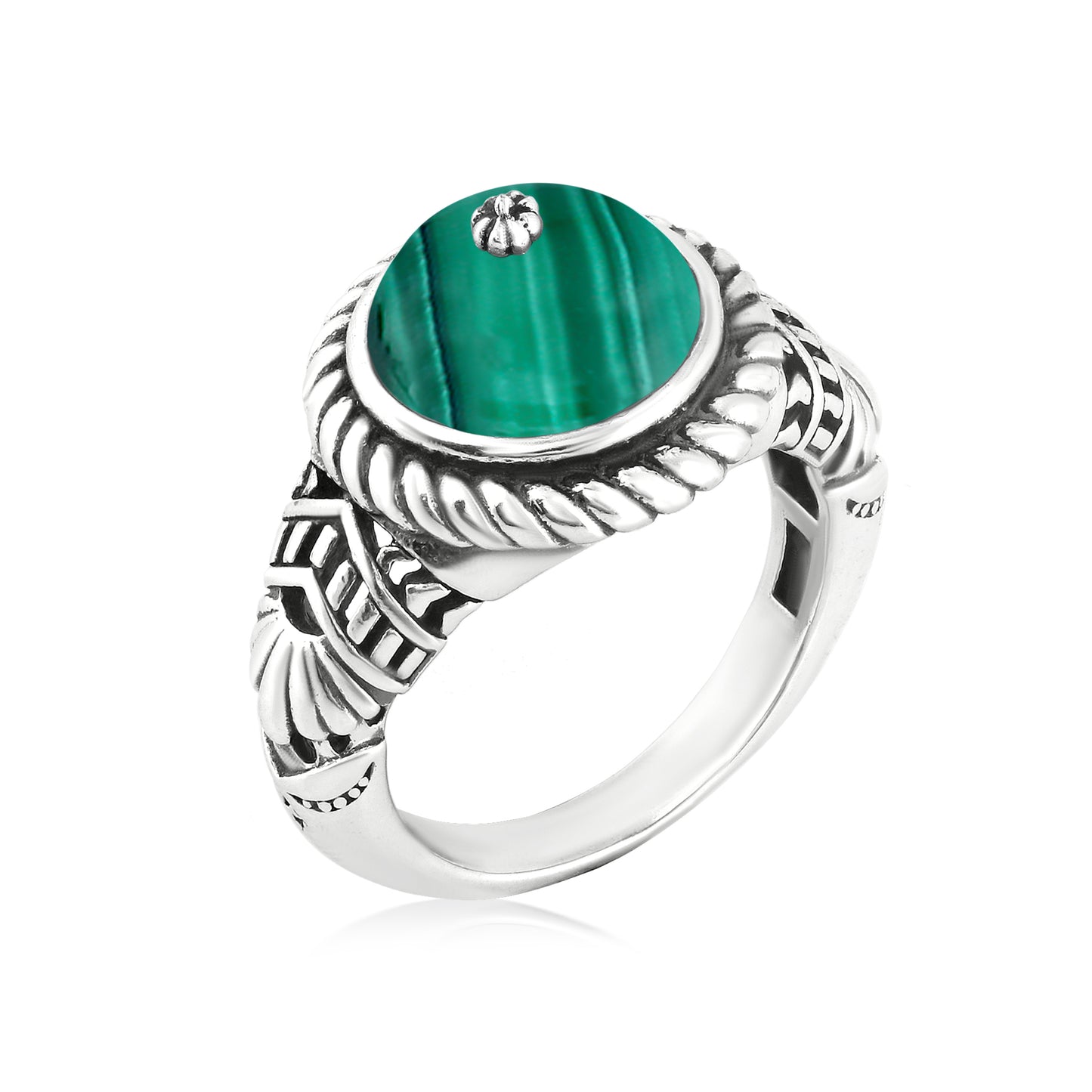 Southwestern Green Wildflower Ring-Crafted from Sterling Silver with Malachite Gemstone, Sizes 5- 10