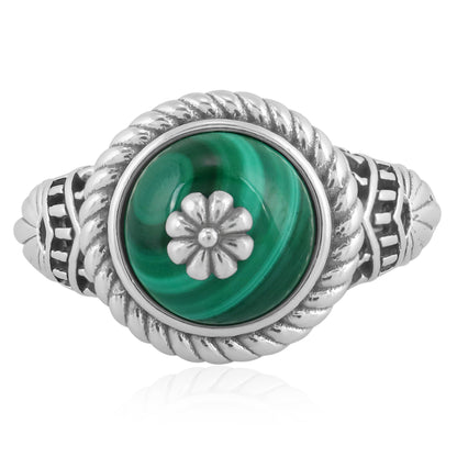 Southwestern Green Wildflower Ring-Crafted from Sterling Silver with Malachite Gemstone, Sizes 5- 10