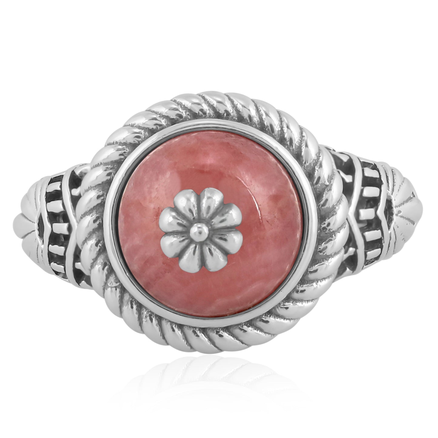 Southwestern Red Wildflower Ring-Crafted from Sterling Silver with Rhodochrosite Gemstone, Sizes 5- 10