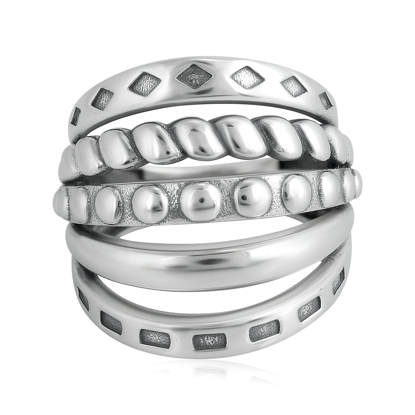 Sterling Silver Textured Five Band Ring, Sizes 5 to 11