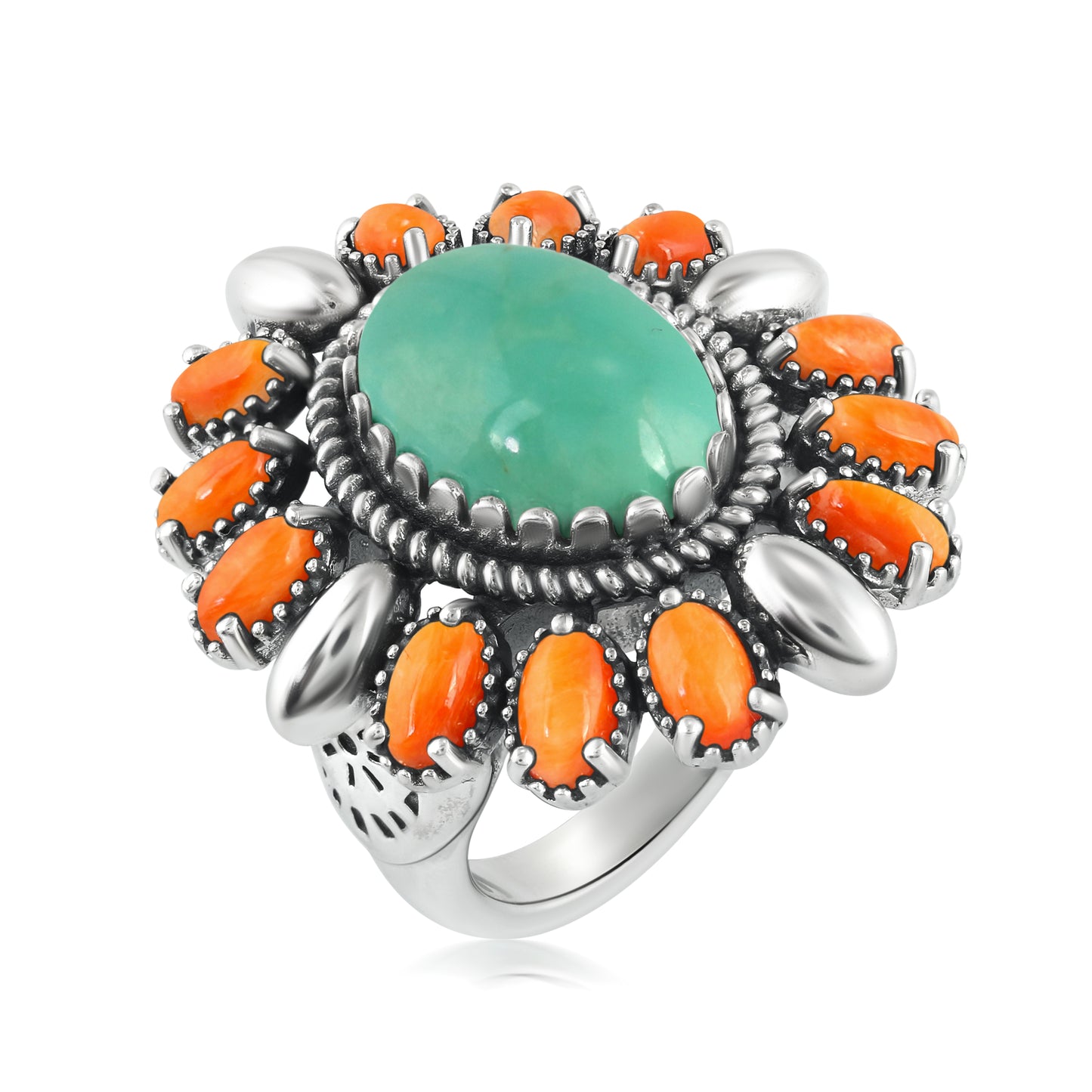 Sterling Silver Green Turquoise and Orange Spiny Oyster Oval Floral Cluster Ring, Sizes 8 to 10