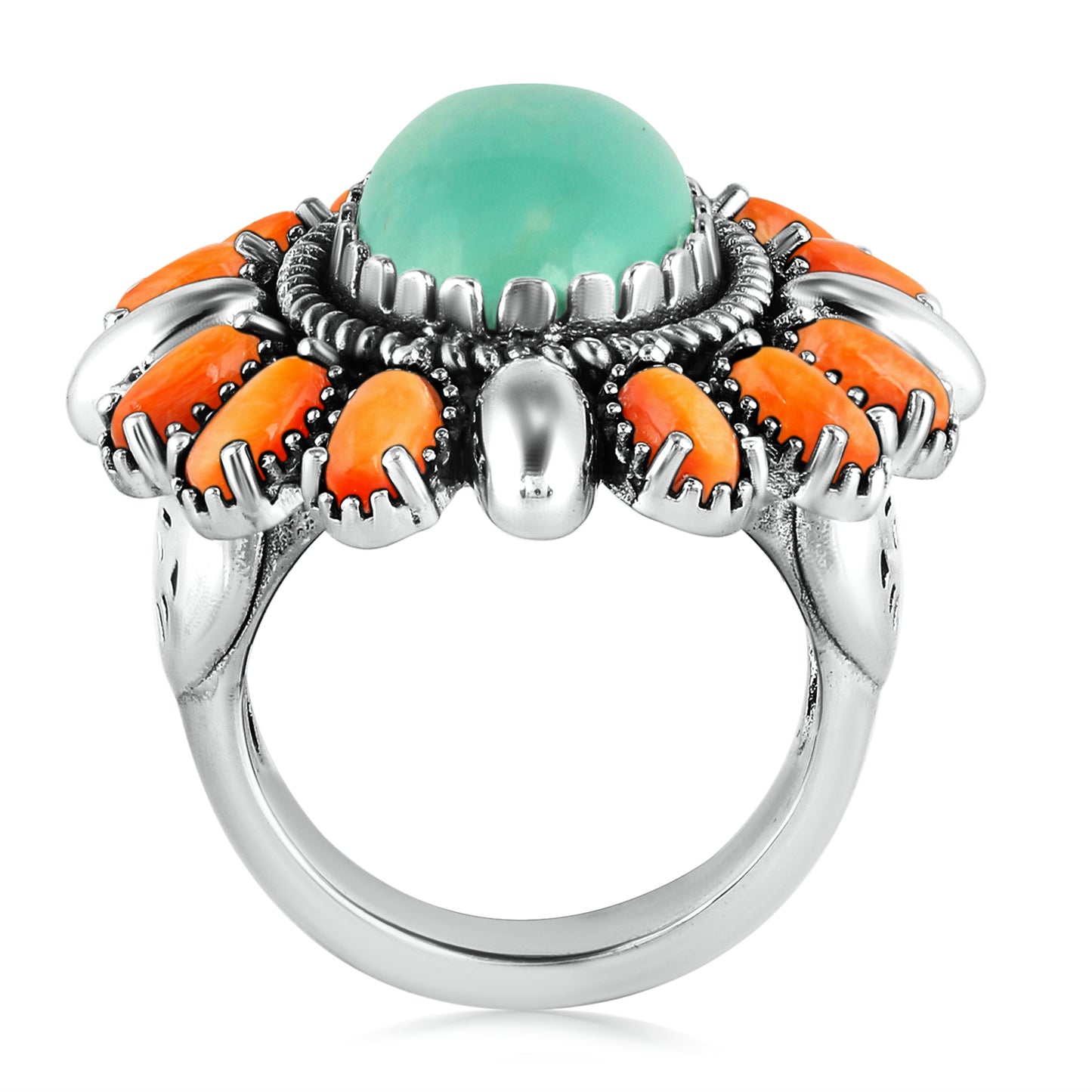 Sterling Silver Green Turquoise and Orange Spiny Oyster Oval Floral Cluster Ring, Sizes 8 to 10
