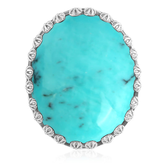 EXCLUSIVELY OURS! Sterling Silver Kingman Turquoise Concha Flower Border Oval Cut Ring, Sizes 5 to 10