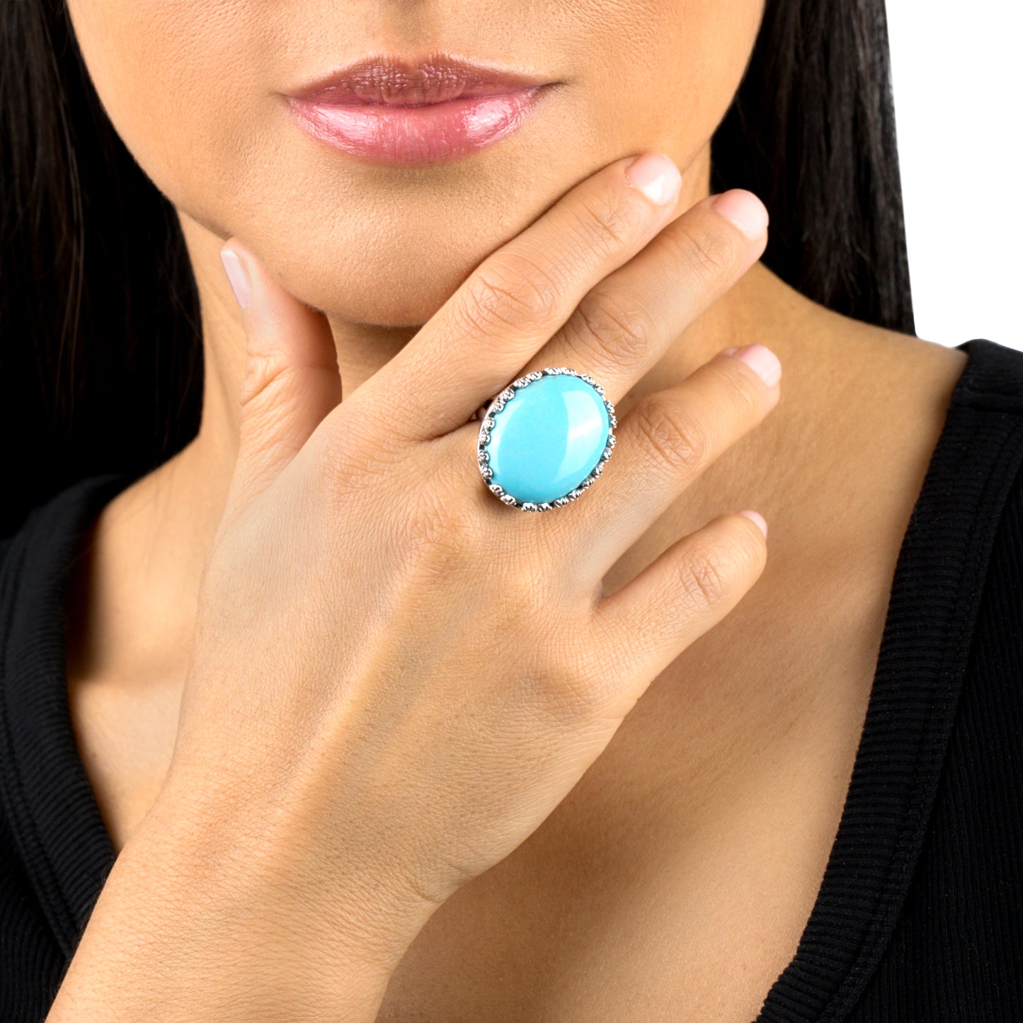 EXCLUSIVELY OURS! Sterling Silver Kingman Turquoise Concha Flower Border Oval Cut Ring, Sizes 5 to 10