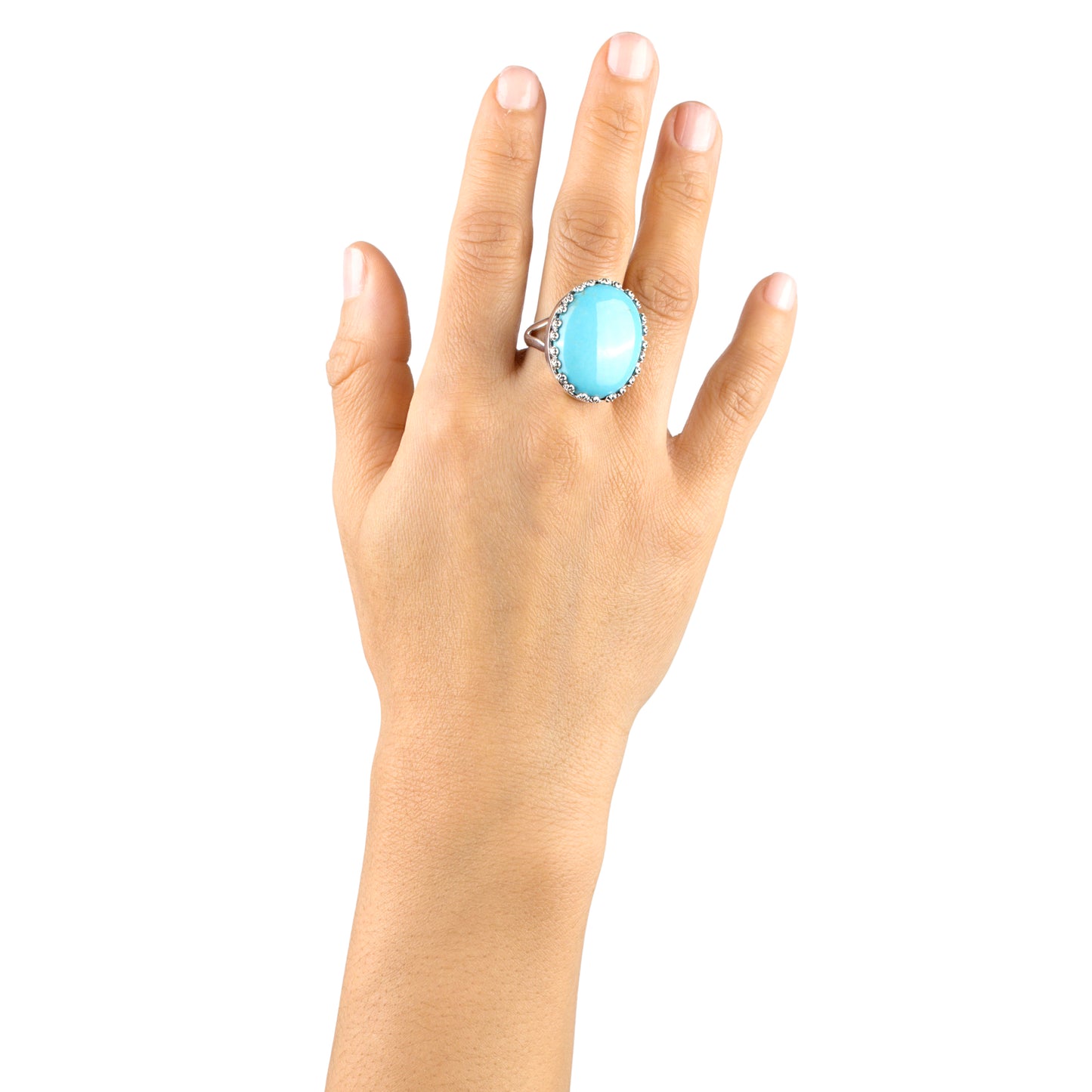 EXCLUSIVELY OURS! Sterling Silver Kingman Turquoise Concha Flower Border Oval Cut Ring, Sizes 5 to 10