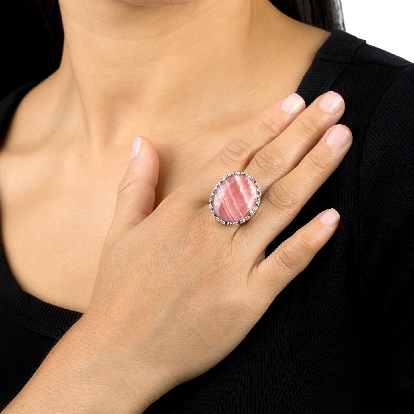 EXCLUSIVELY OURS! Sterling Silver Rhodochrosite Concha Flower Border Oval Cut Ring, Sizes 5 to 10