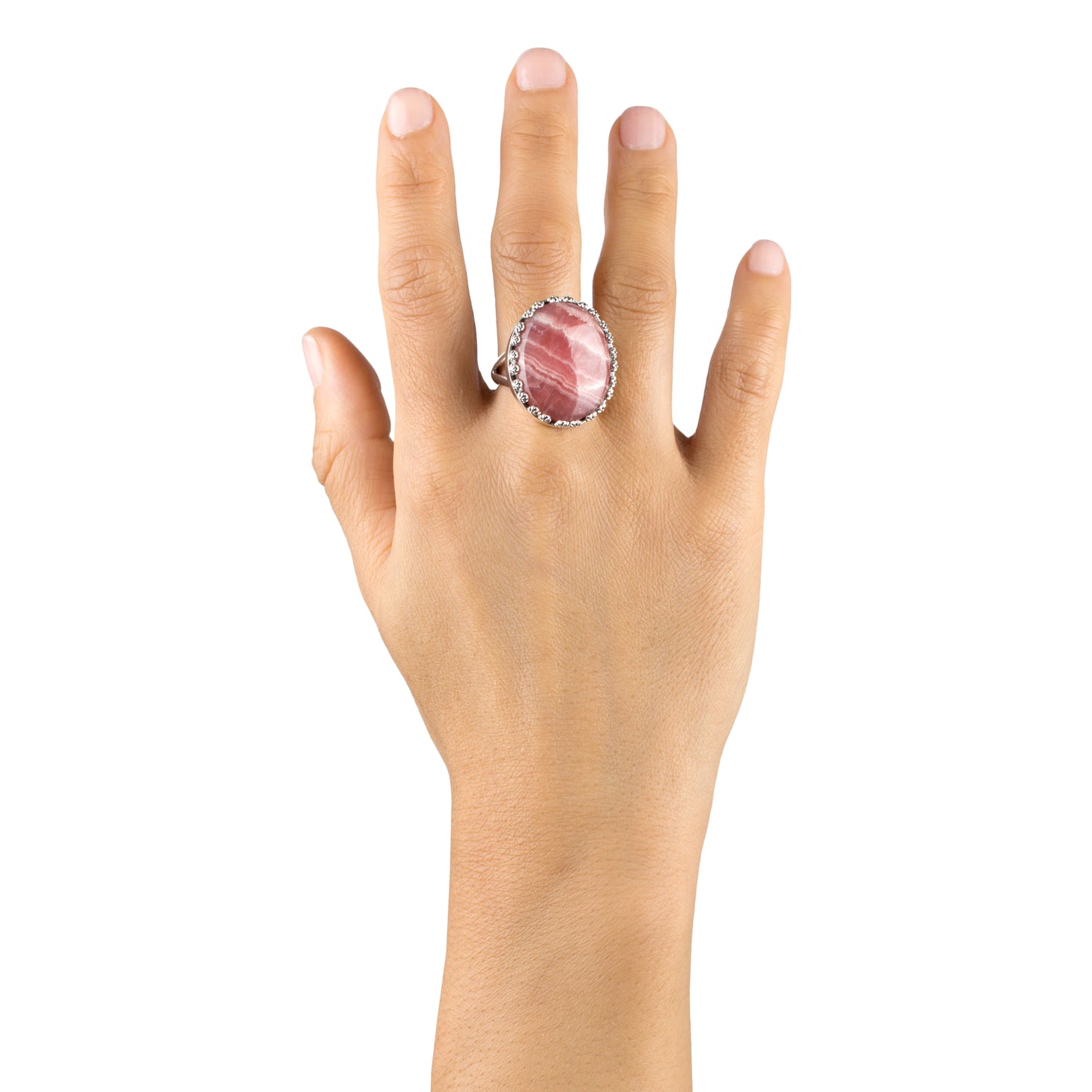 EXCLUSIVELY OURS! Sterling Silver Rhodochrosite Concha Flower Border Oval Cut Ring, Sizes 5 to 10