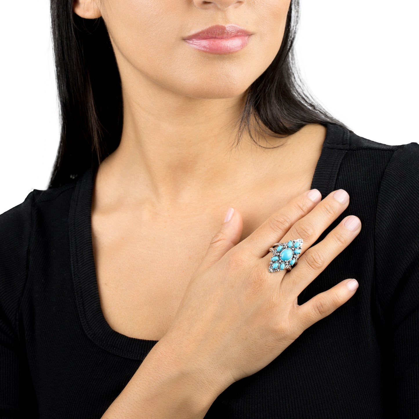 LIMITED EDITION! Sterling Silver Sleeping Beauty Turquoise Santa Fe Cluster Ring, Sizes 5 to 11