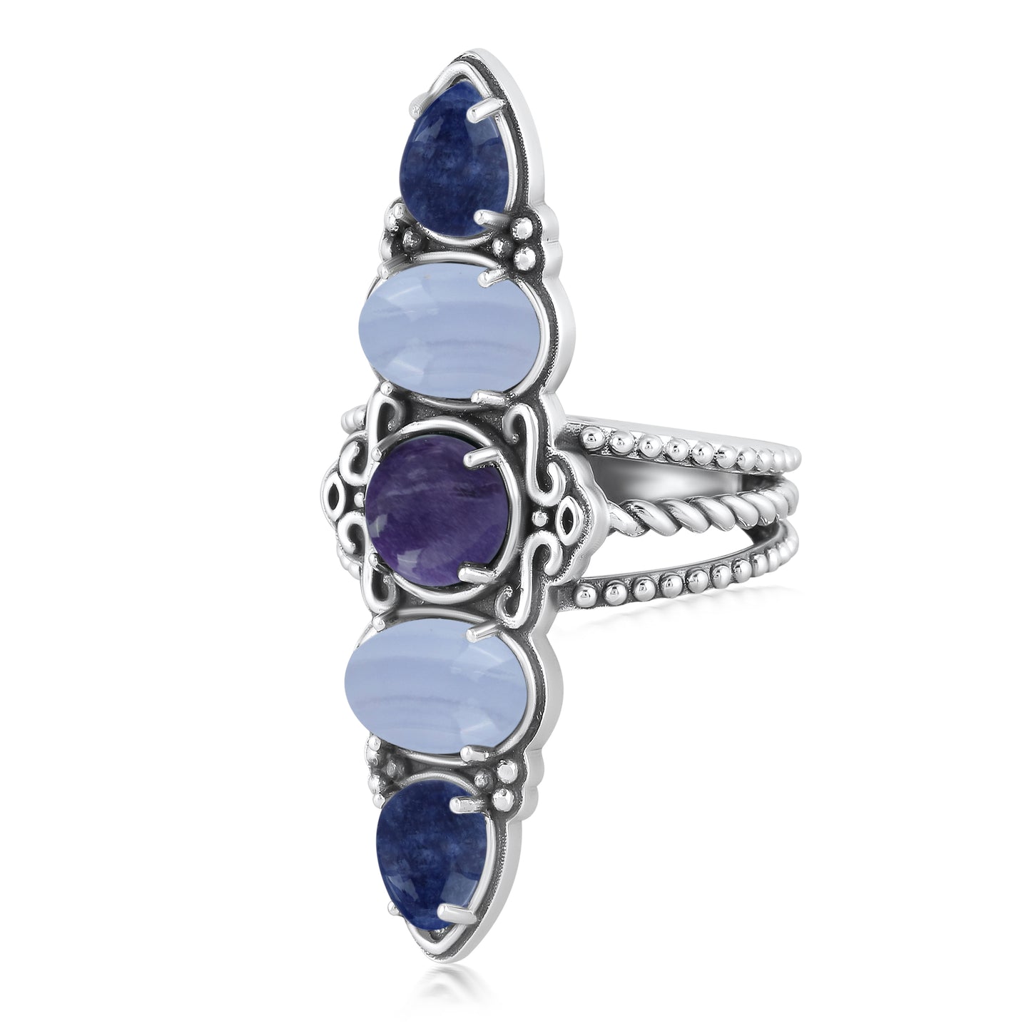 EXCLUSIVELY OURS! Sterling Silver Blue Lace Agate, Sodalite and Charoite Elongated Ring, Sizes 6 to 11