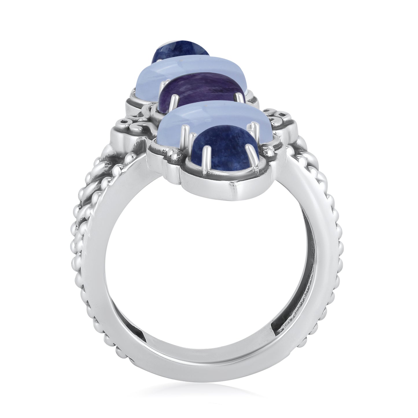 EXCLUSIVELY OURS! Sterling Silver Blue Lace Agate, Sodalite and Charoite Elongated Ring, Sizes 6 to 11