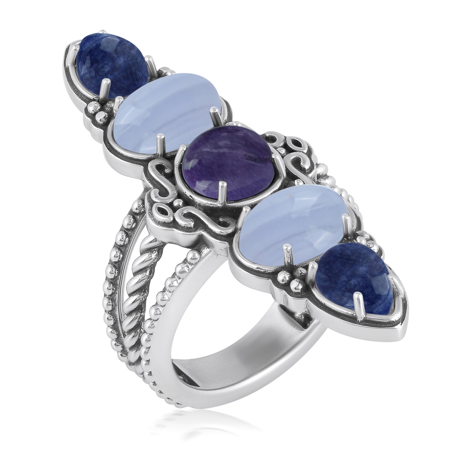 EXCLUSIVELY OURS! Sterling Silver Blue Lace Agate, Sodalite and Charoite Elongated Ring, Sizes 6 to 11