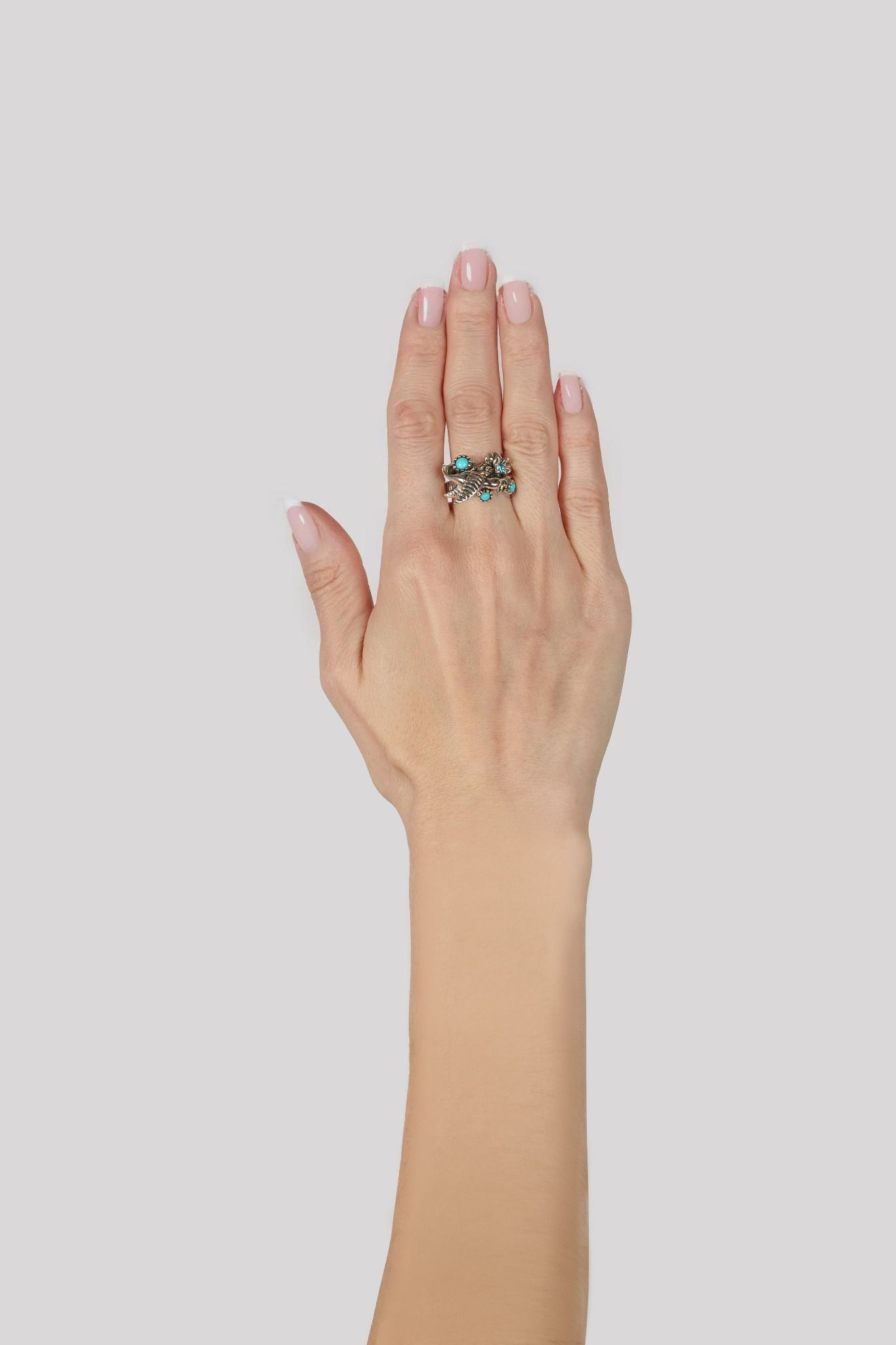 Sterling Silver Sleeping Beauty Turquoise and Swiss Blue Topaz Fritz Casuse Hummingbird Ring, Sizes 5 to 11