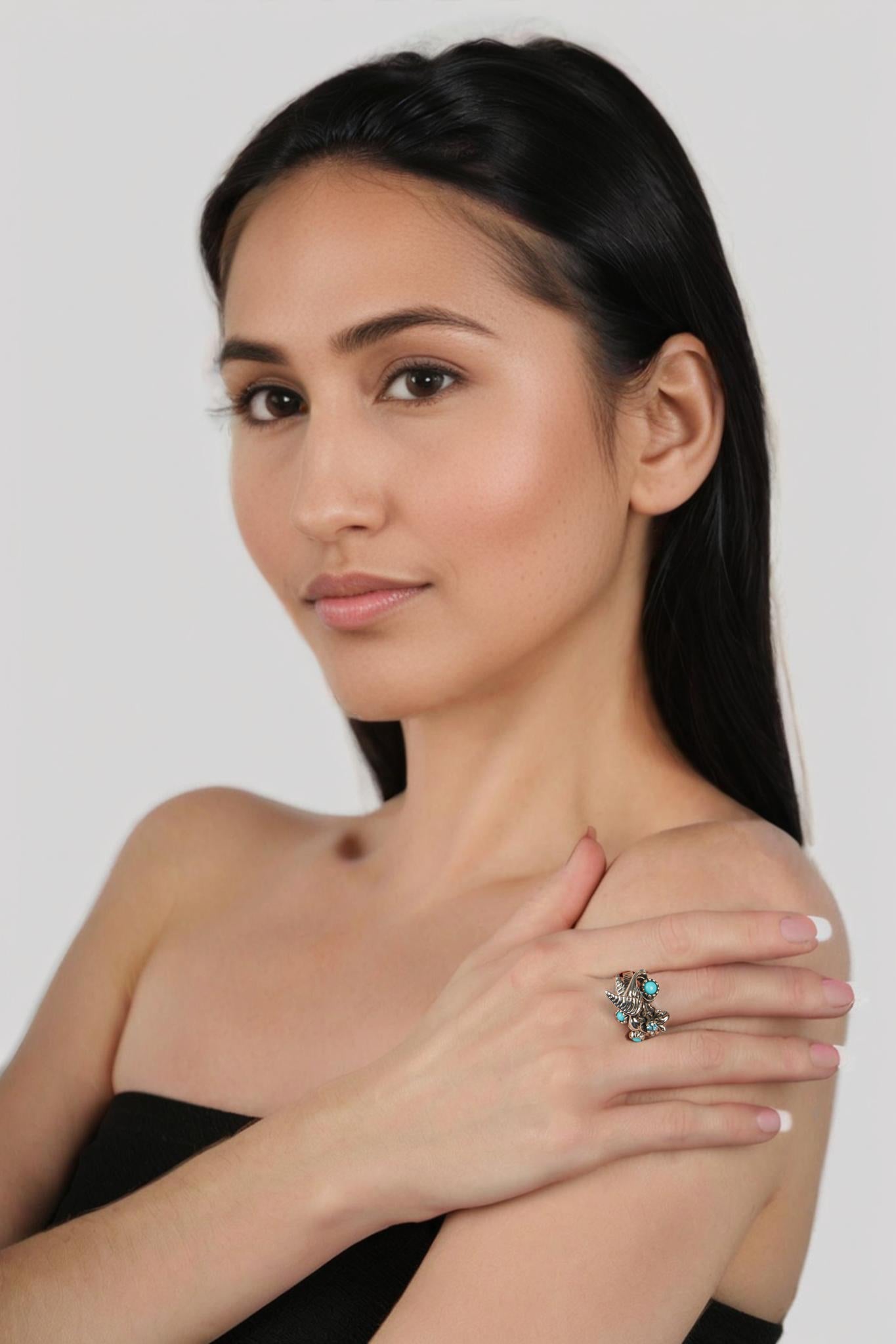 Sterling Silver Sleeping Beauty Turquoise and Swiss Blue Topaz Fritz Casuse Hummingbird Ring, Sizes 5 to 11