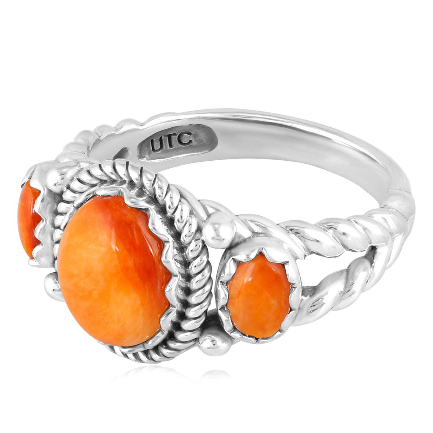 Sterling Silver Orange Spiny 3-Stone Ring, Sizes 5 to 10