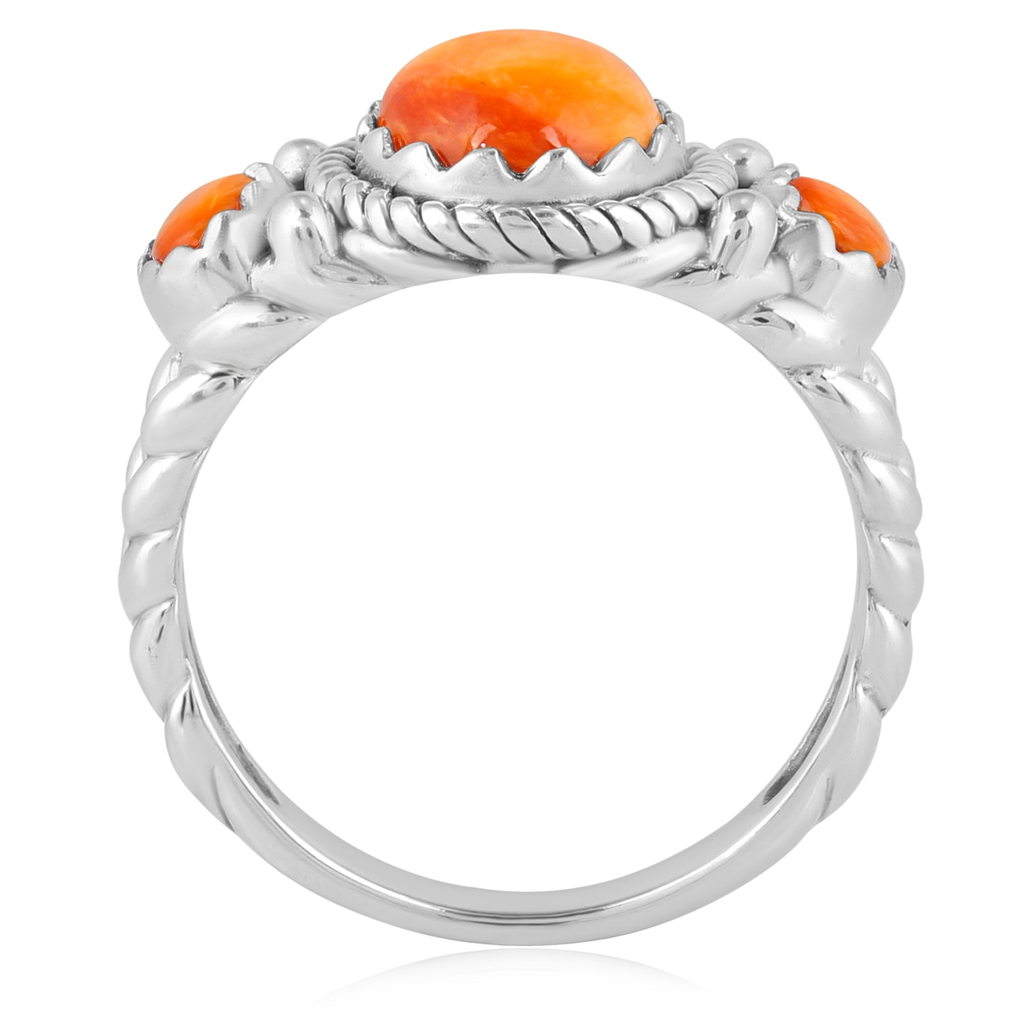 Sterling Silver Orange Spiny 3-Stone Ring, Sizes 5 to 10