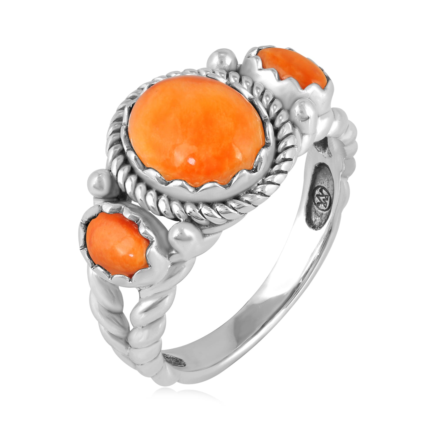 Sterling Silver Orange Spiny 3-Stone Ring, Sizes 5 to 10