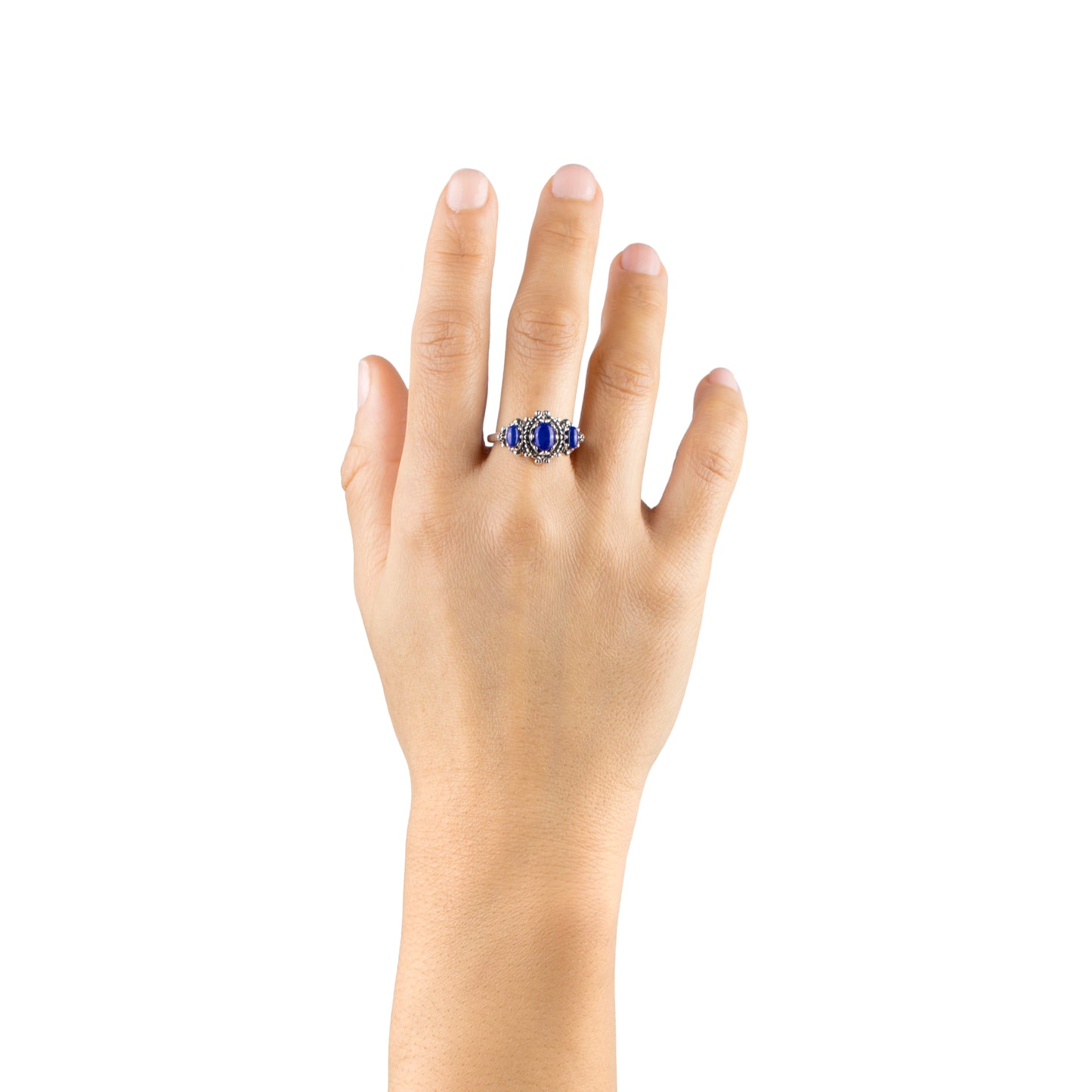 Sterling Silver Lapis 3-Stone Oval Scalloped Bezel Ring, Sizes 5 to 10