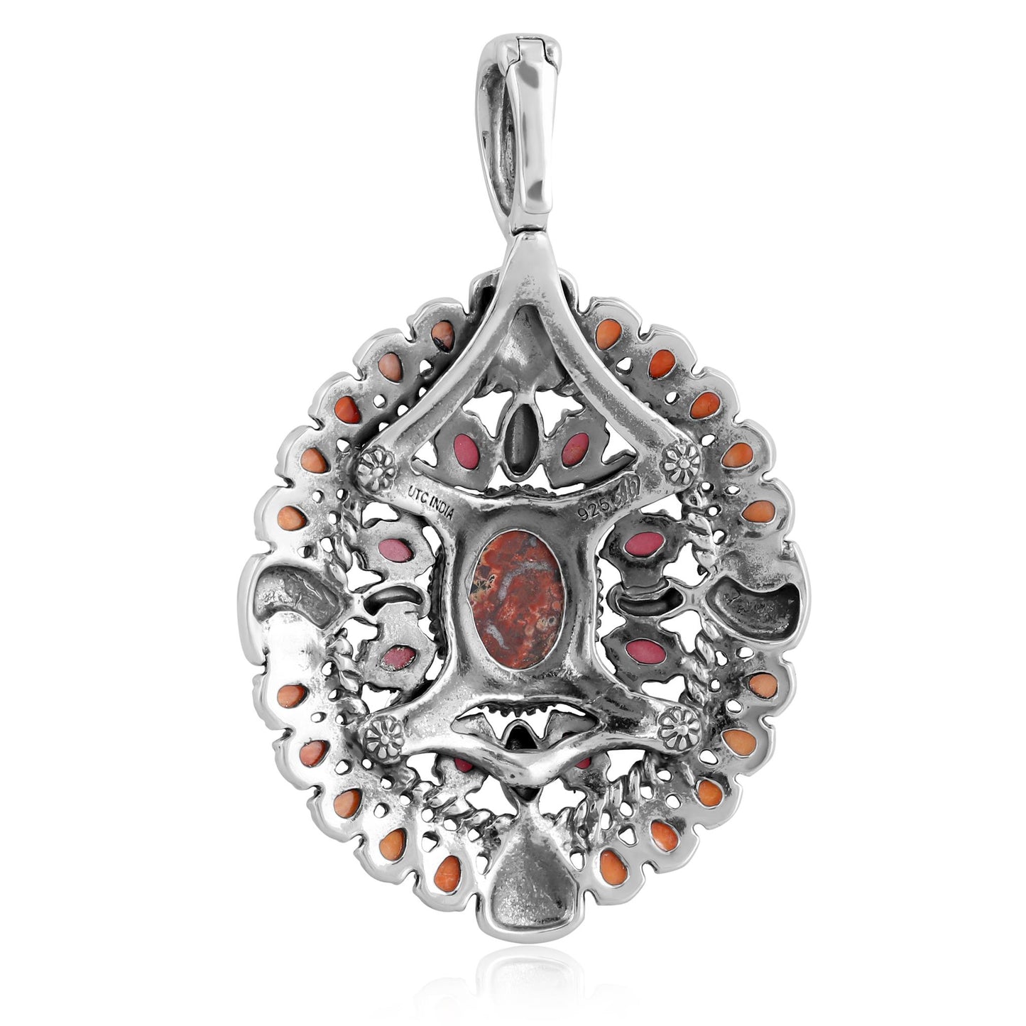 Sterling Silver Leopard Jasper, Orange Spiny Oyster and Rhodonite Oval Floral Cluster Pendant Enhancer