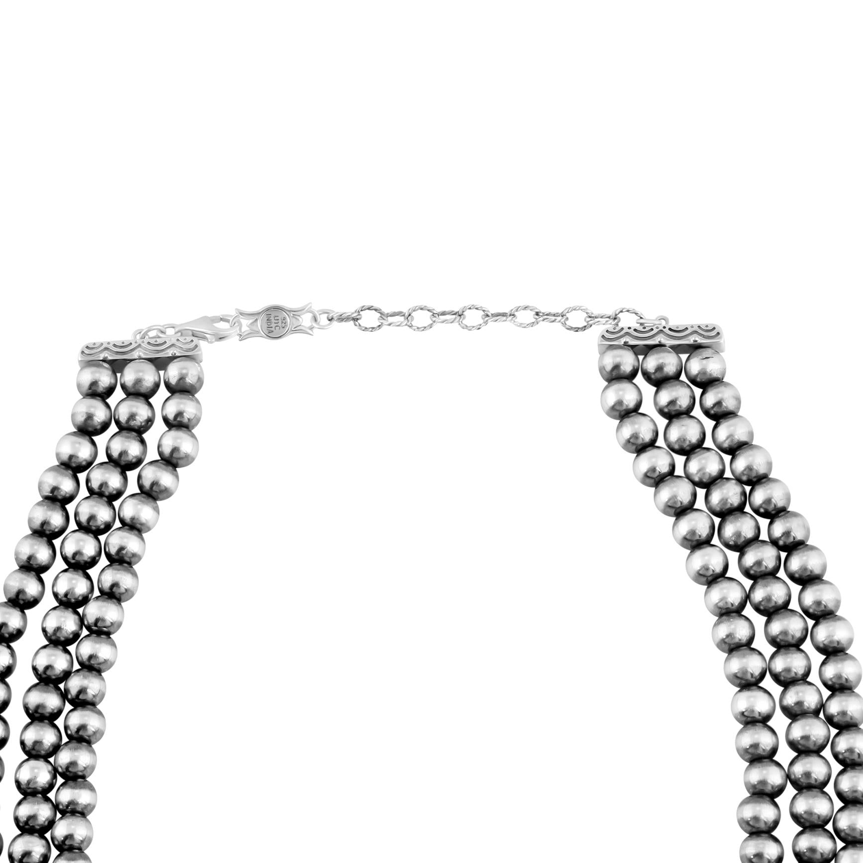 Sterling Silver Picture Jasper Oval Cut Triple-Row Beaded Necklace