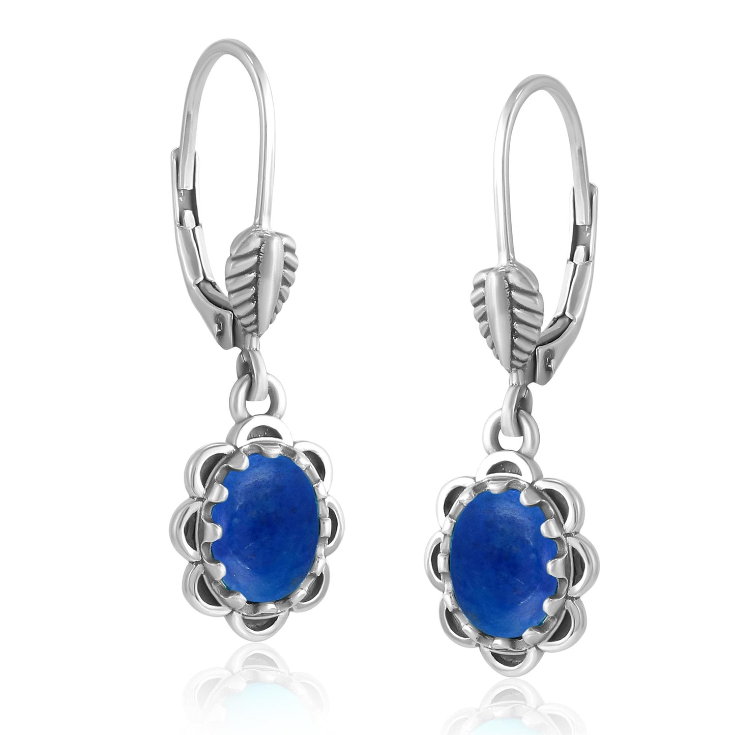 Sterling Silver Denim Lapis Concha Lever Back Dangle Earrings