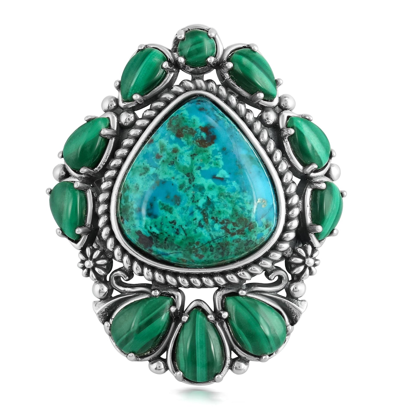 Sterling Silver Chrysocolla and Malachite 3-Stone Trillion and Pear Ring