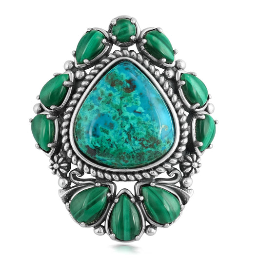 Sterling Silver Chrysocolla and Malachite 3-Stone Trillion and Pear Ring