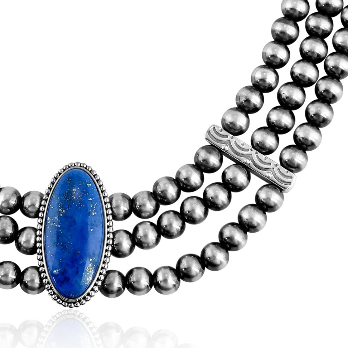 Sterling Silver Lapis Oval Cut Triple-Row Beaded Necklace