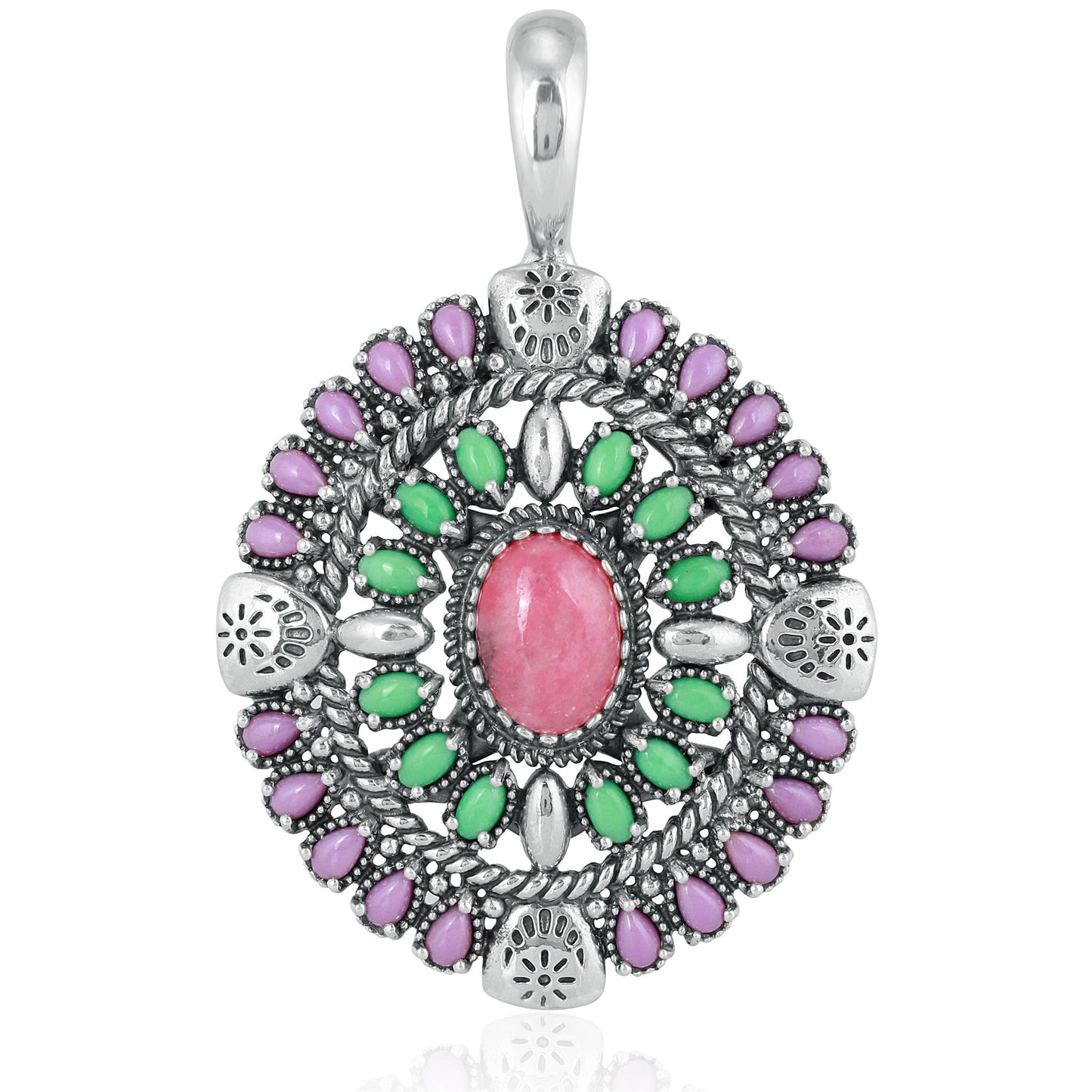 Sterling Silver Rhodonite, Variscite, Phosphosiderite Oval Floral Cluster Pendant Enhancer