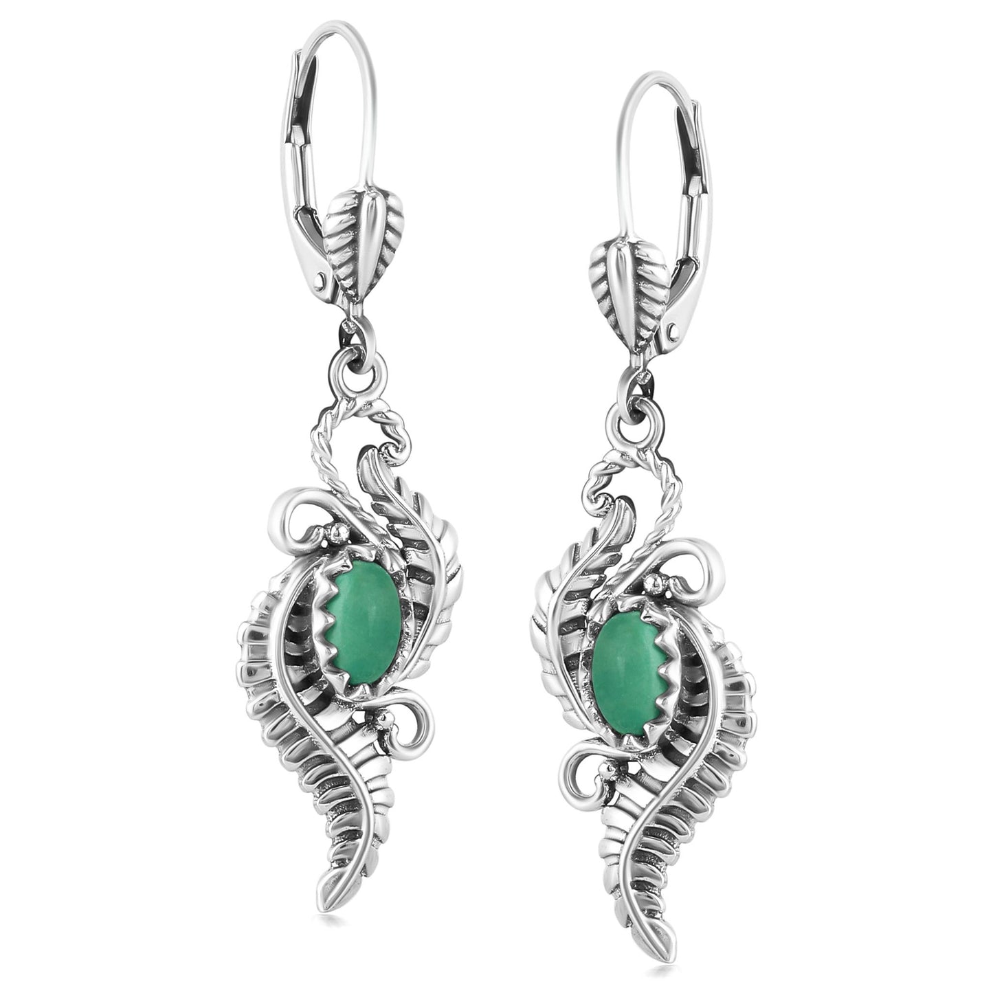 Sterling Silver Green Turquoise Vine and Leaf Dangle Earrings
