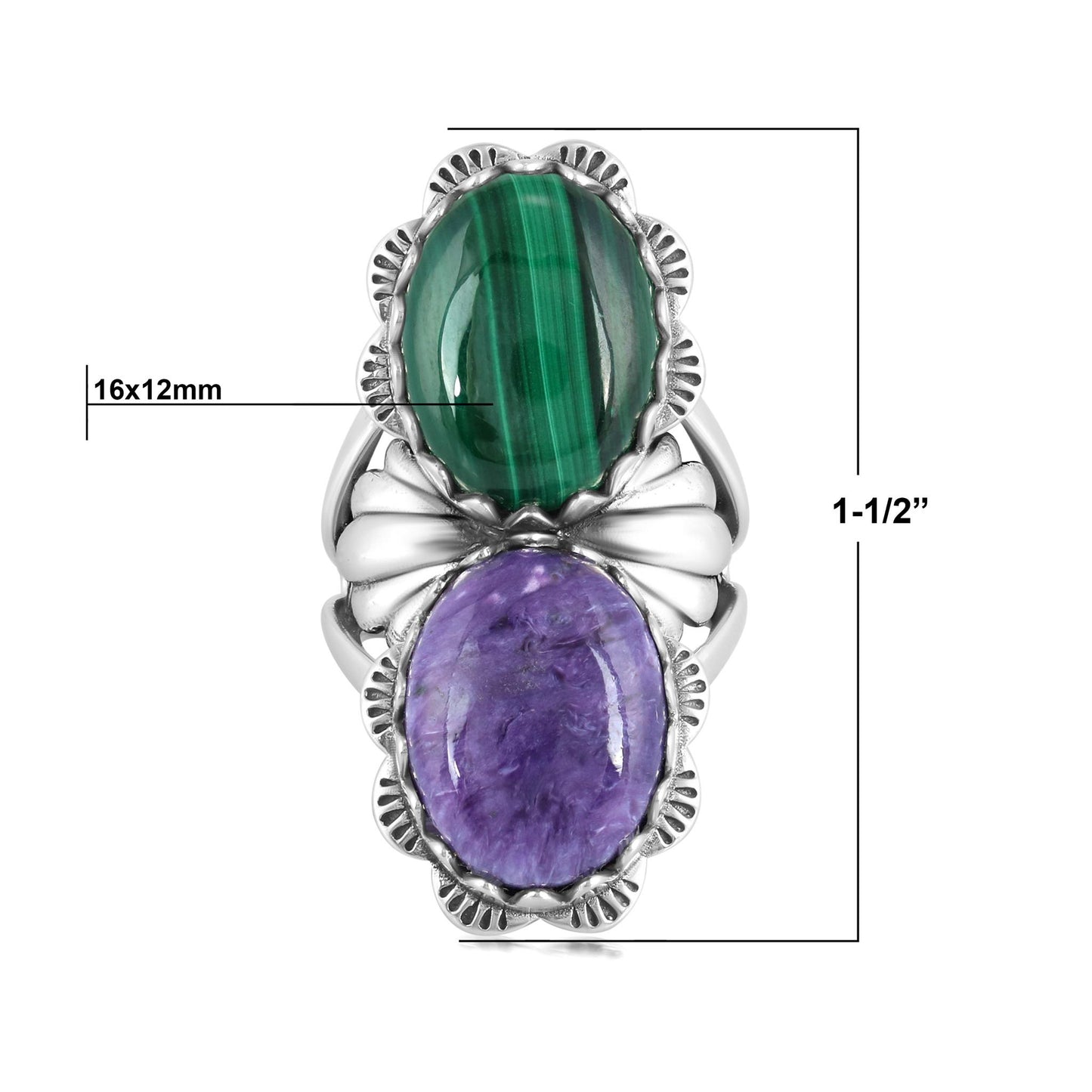 Sterling Silver Oval Charoite and Malachite Scalloped Ring