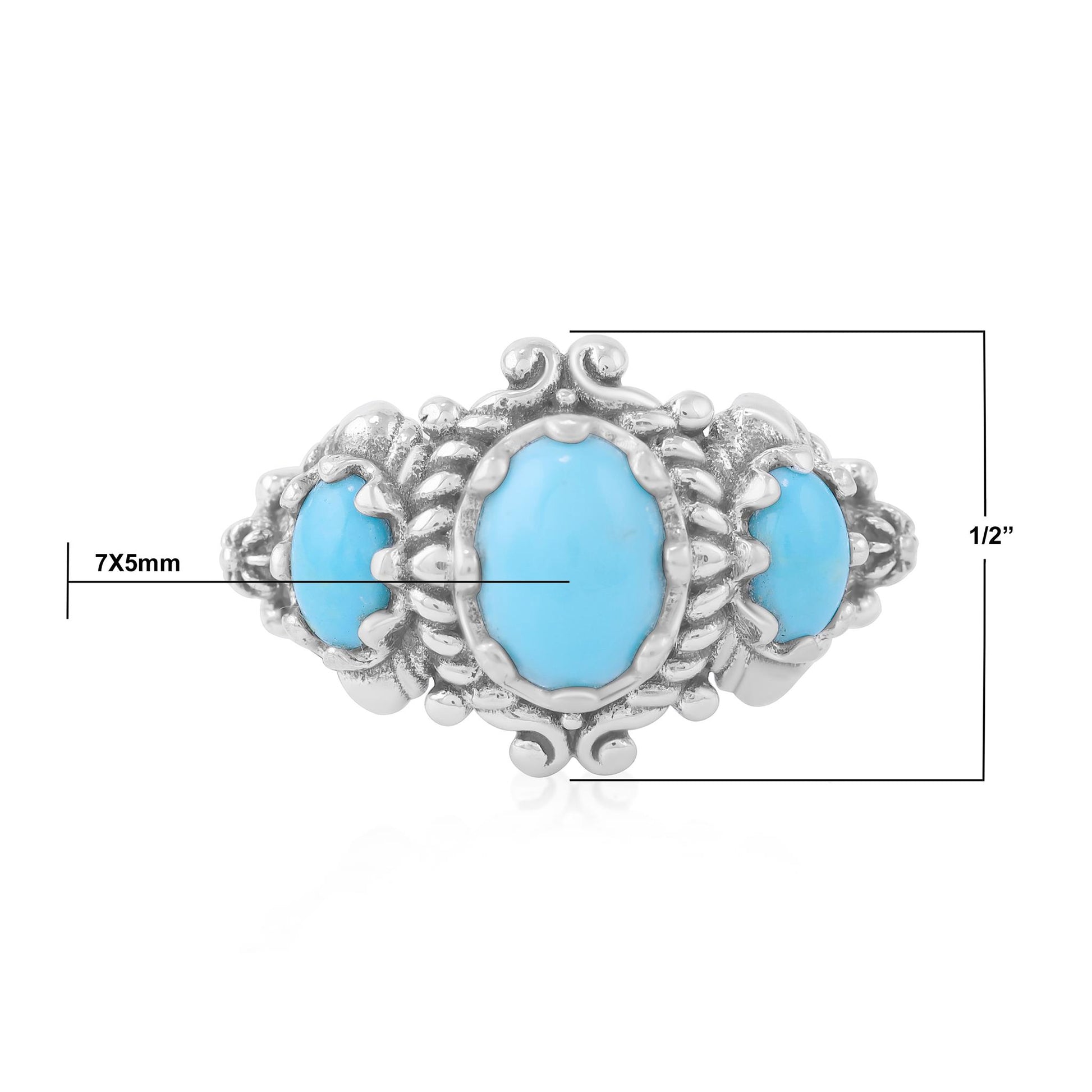 Sterling Silver Kingman Turquoise 3-Stone Oval Scalloped Bezel Ring
