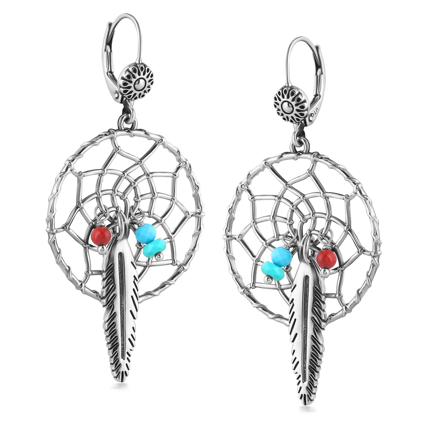 Sterling Silver Kingman Turquoise and Red Coral Dreamcatcher Feather Dangle Earrings