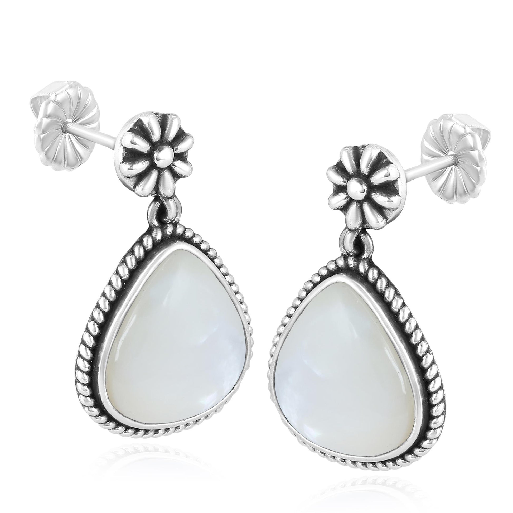 Sterling Silver White Mother of Pearl Trillion Cut Post Earrings