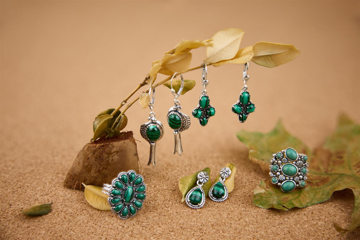 EXCLUSIVELY OURS! Sterling Silver Malachite Leaf and Squash Blossom Design Dangle Earrings