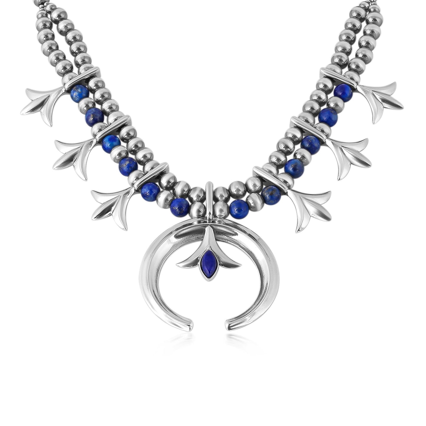 Sterling Silver Lapis Bead Squash Blossom Necklace