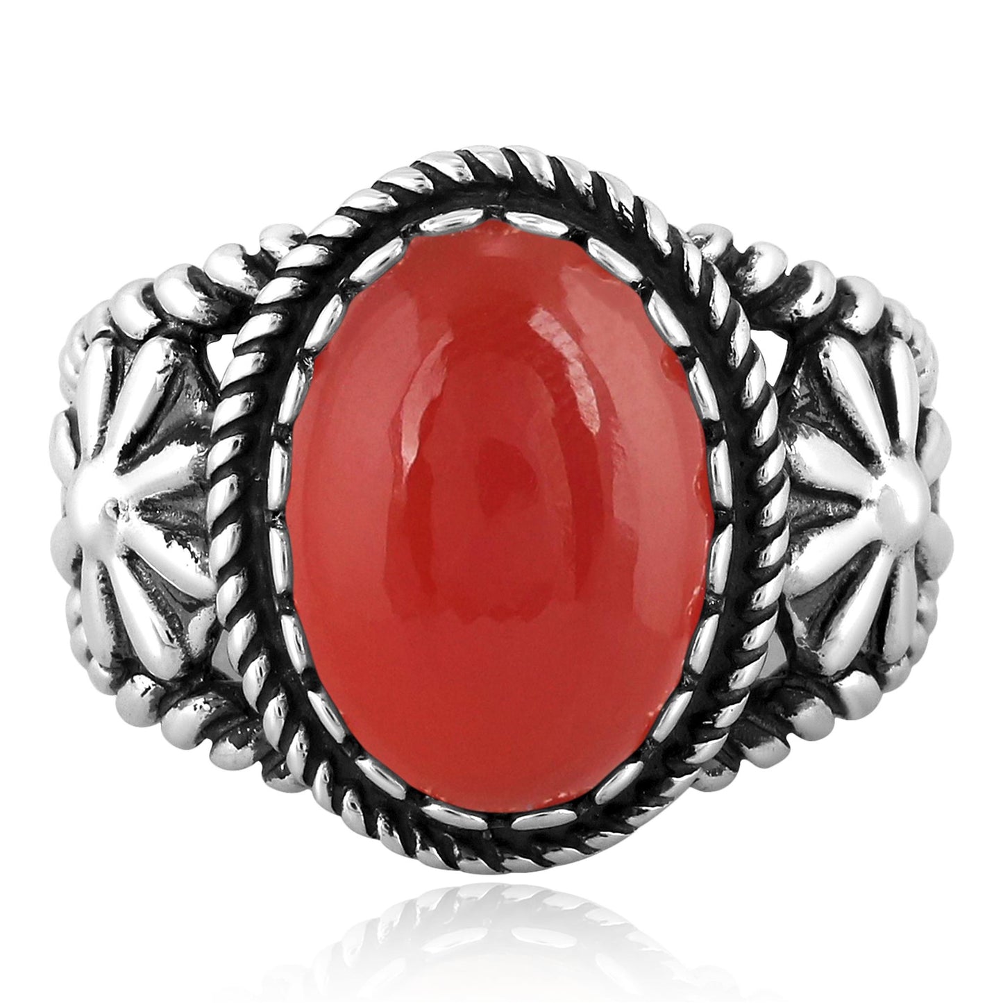 Sterling Silver Red Onyx Concha Flower Design Ring, Sizes 5 to 10