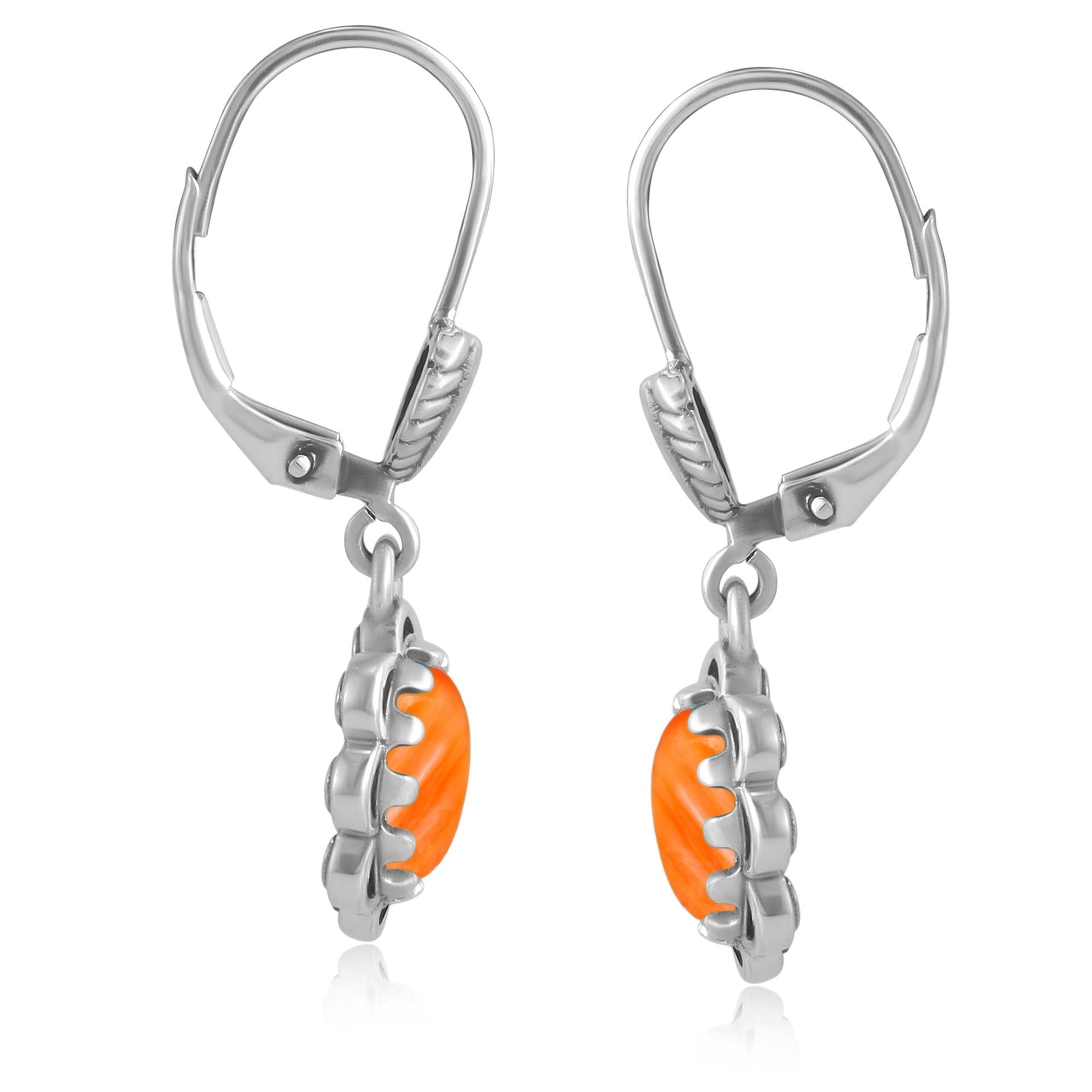 Sterling Silver Orange Spiny Oyster Concha Lever Back Dangle Earrings