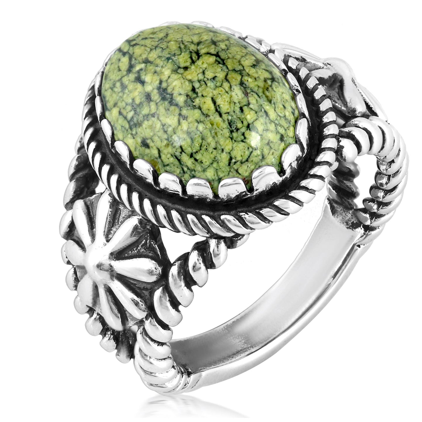 Sterling Silver Serpentine Concha Flower Ring, Sizes 5 to 11