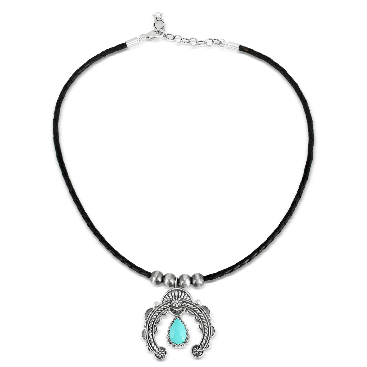 Sterling Silver Blue Turquoise and Black Leather Pear Gemstone Naja Necklace